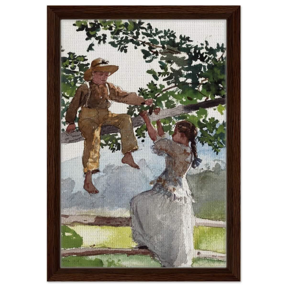 On The Fence Giclee by Winslow Homer | Vintage Nature Art wall art print - Framed Canvas - 30x45 cm / 12x18″ - Dark wood frame