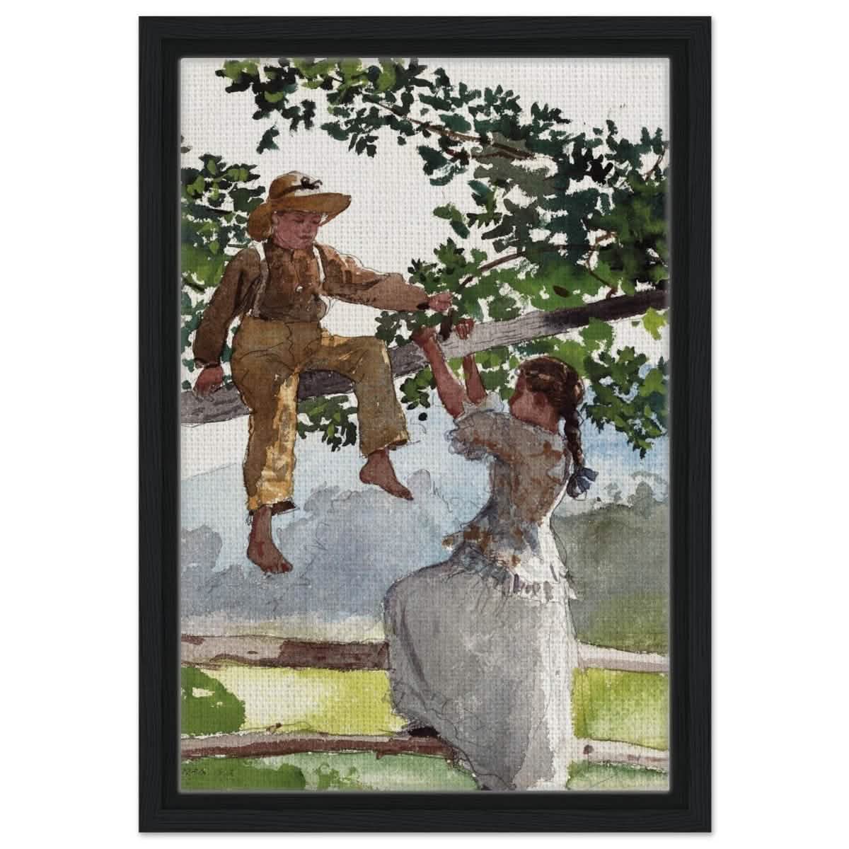 On The Fence Giclee by Winslow Homer | Vintage Nature Art wall art print - Framed Canvas - 30x45 cm / 12x18″ - Black frame