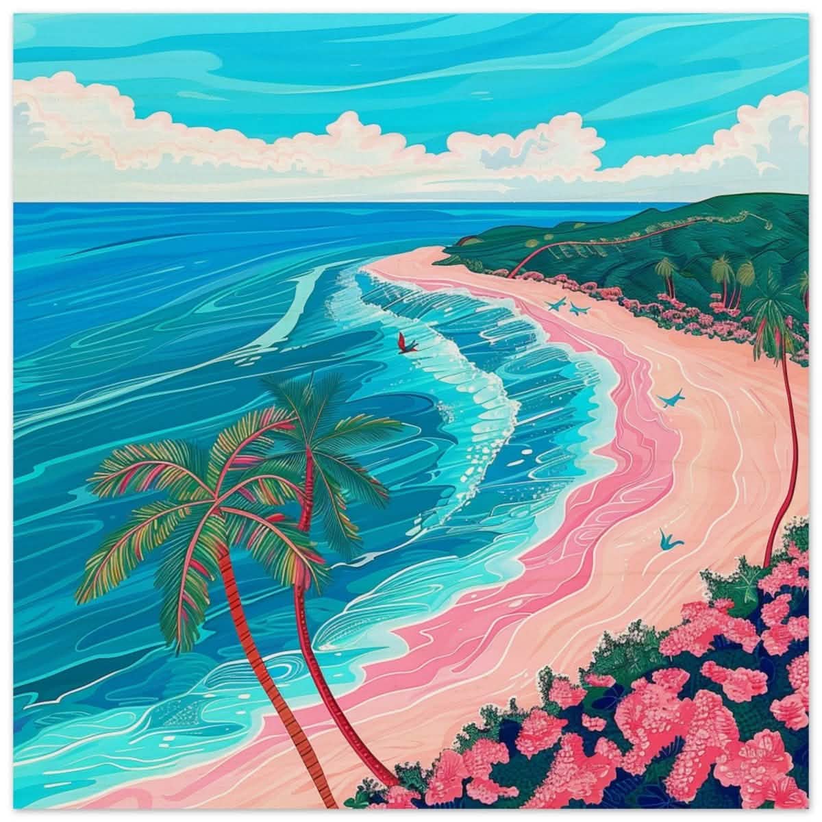 Paradise Coastline Bliss: A Tropical Haven in Your Home | Contemporary Tropical Illustration - Wood Prints - 60x60 cm / 24x24″ -