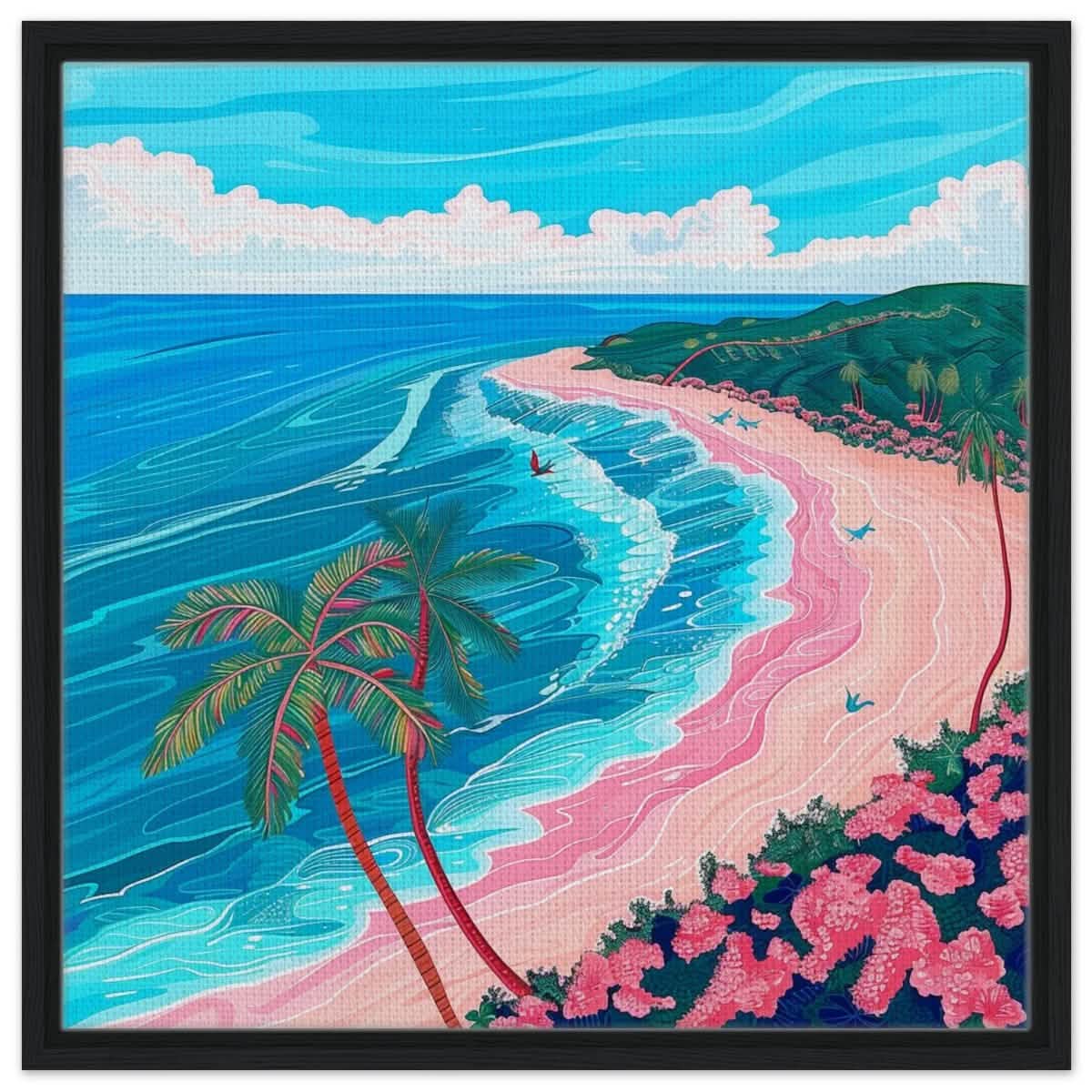 Paradise Coastline Bliss: A Tropical Haven in Your Home | Contemporary Tropical Illustration - Framed Canvas - 60x60 cm / 24x24″ - Black frame