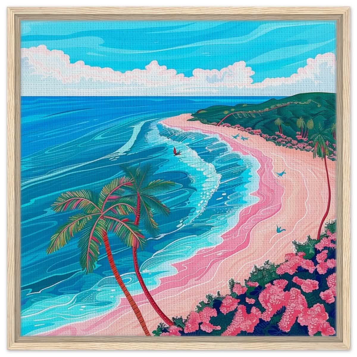 Paradise Coastline Bliss: A Tropical Haven in Your Home | Contemporary Tropical Illustration - Framed Canvas - 60x60 cm / 24x24″ - Wood frame