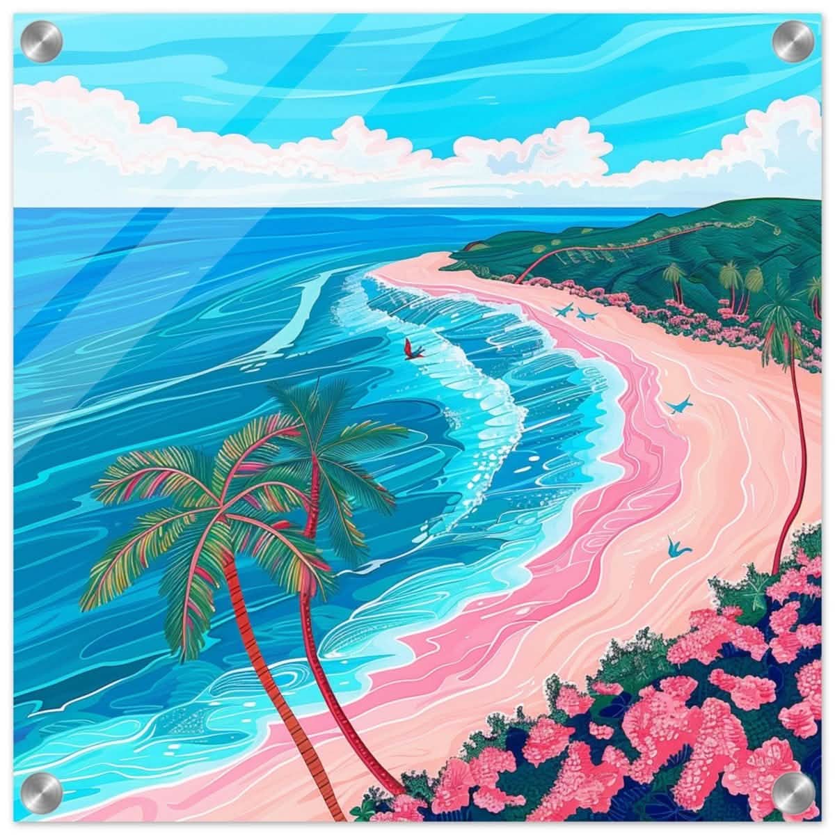 Paradise Coastline Bliss: A Tropical Haven in Your Home | Contemporary Tropical Illustration - Acrylic Print - 40x40 cm / 16x16″ -