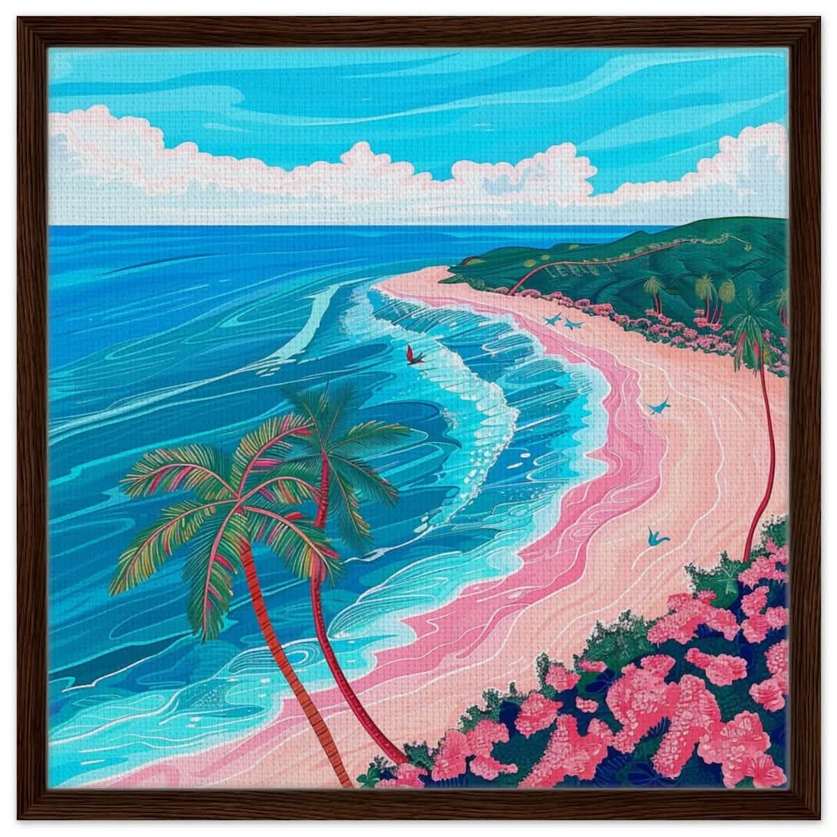 Paradise Coastline Bliss: A Tropical Haven in Your Home | Contemporary Tropical Illustration - Framed Canvas - 60x60 cm / 24x24″ - Dark wood frame