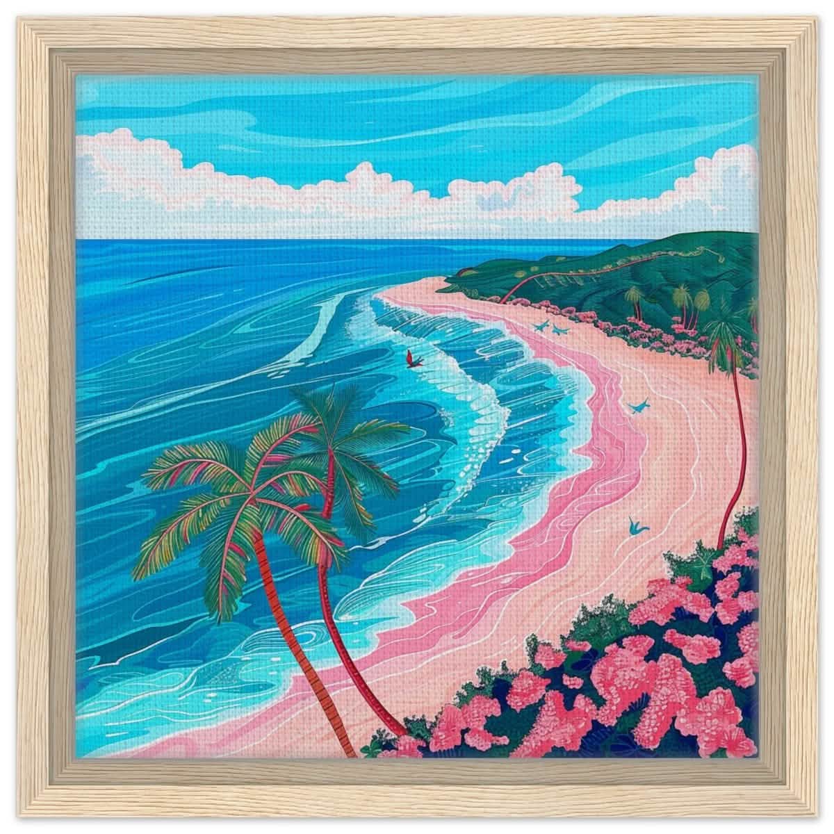 Paradise Coastline Bliss: A Tropical Haven in Your Home | Contemporary Tropical Illustration - Framed Canvas - 30x30 cm / 12x12″ - Wood frame