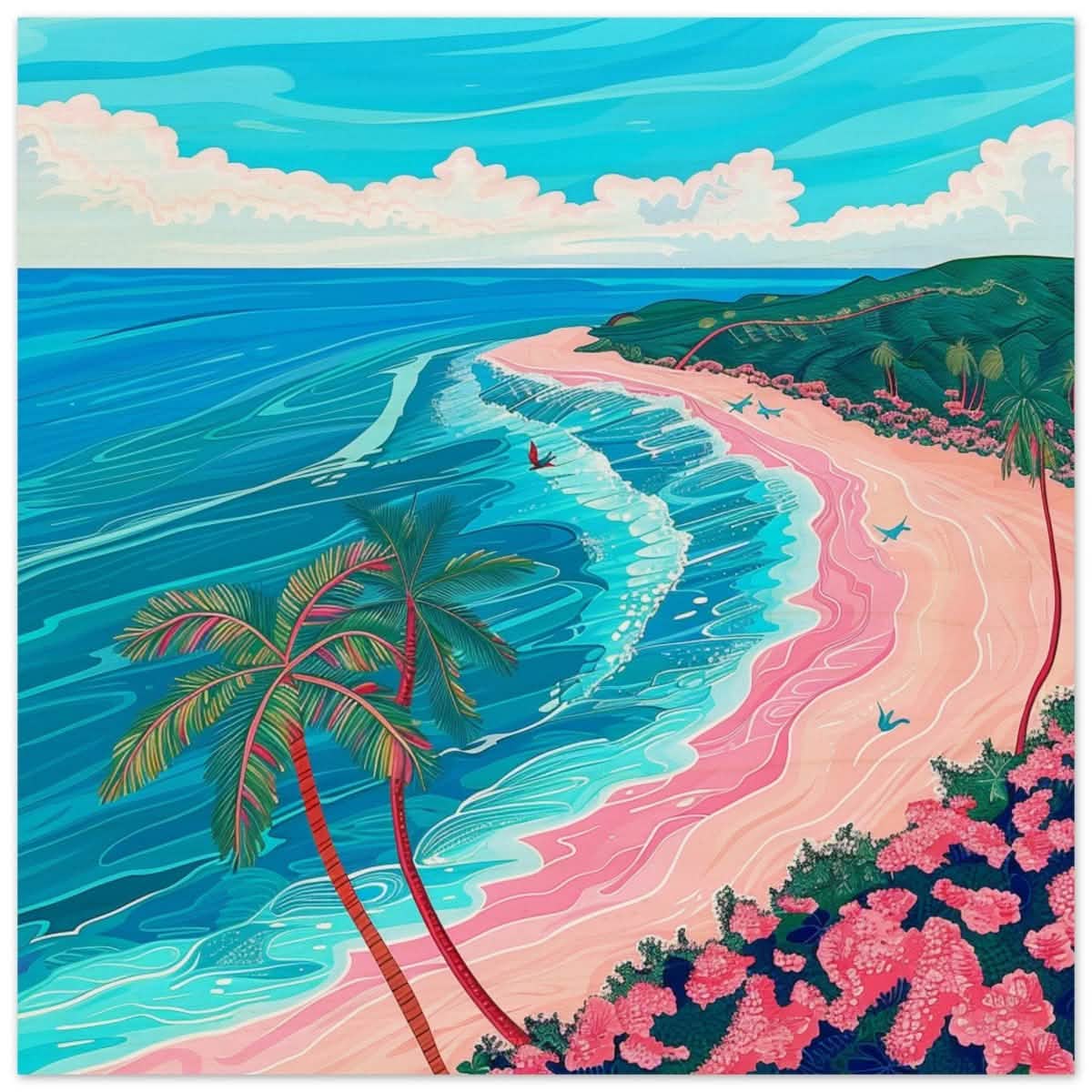 Paradise Coastline Bliss: A Tropical Haven in Your Home | Contemporary Tropical Illustration - Wood Prints - 50x50 cm / 20x20″ -