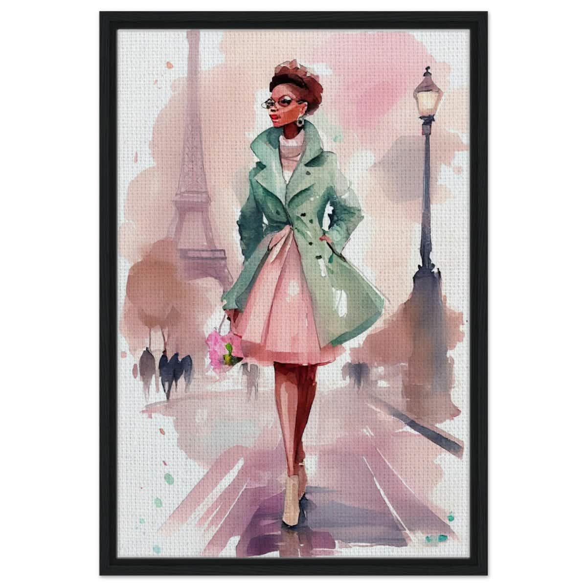 Parisian Grace | Modern Figurative Art - Framed Canvas - 50x75 cm / 20x30″ - Black frame