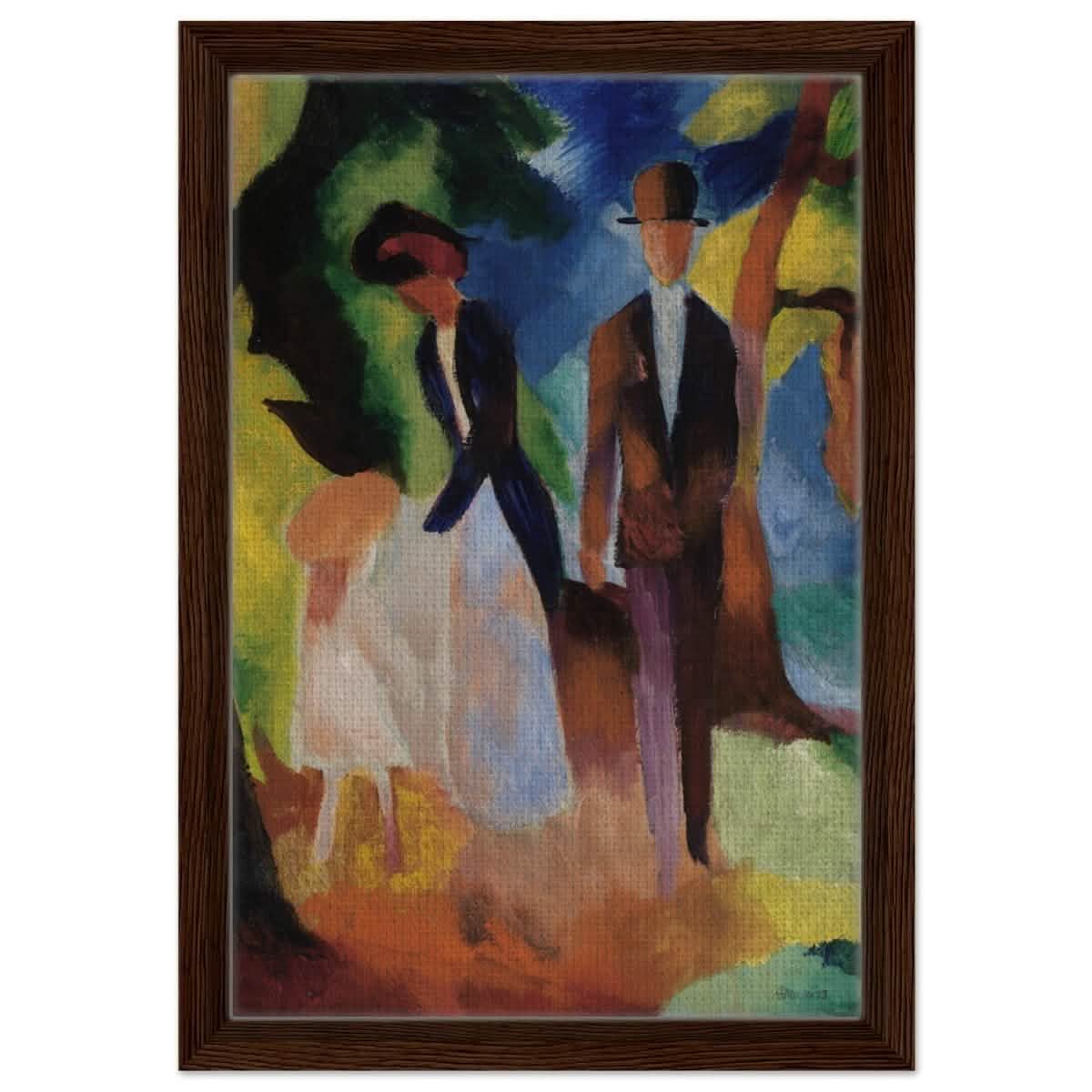 People by a Blue Lake (1913) by August Macke | wall art print - 30x45 cm / 12x18″ - Framed Canvas - Dark wood frame