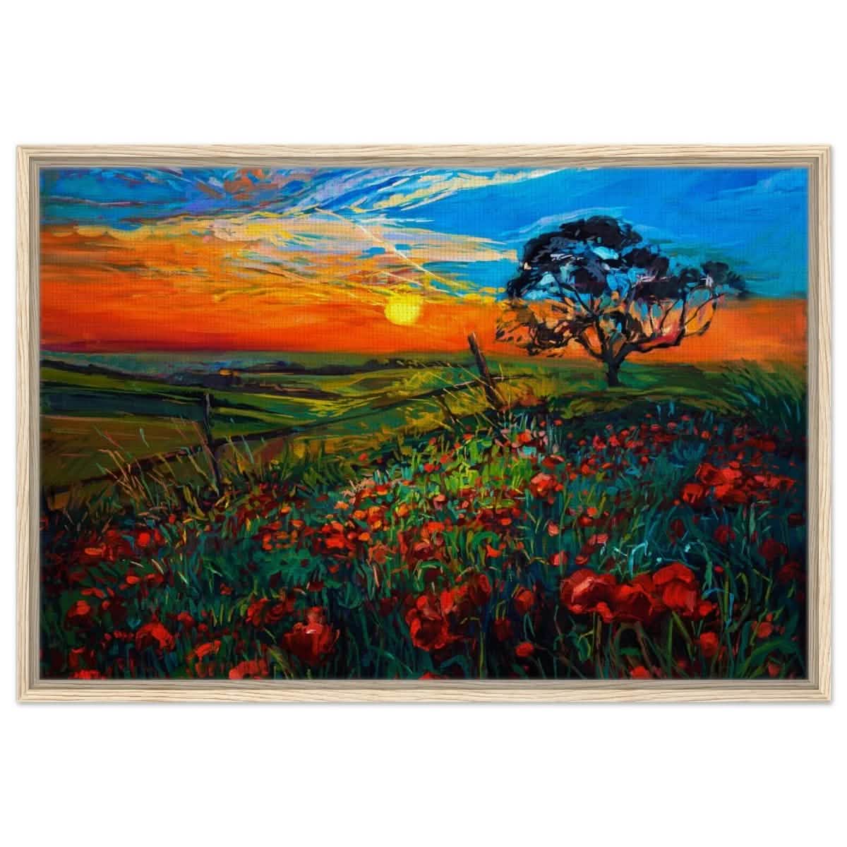 Poppies at Twilight | Impressionist Landscape Art - Framed Canvas - 30x45 cm / 12x18″ - Wood frame