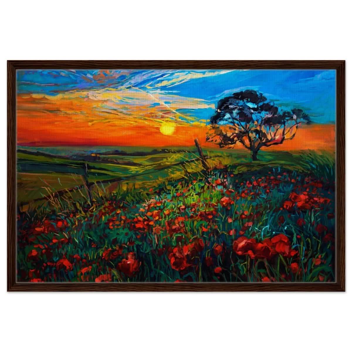 Poppies at Twilight | Impressionist Landscape Art - Framed Canvas - 30x45 cm / 12x18″ - Dark wood frame
