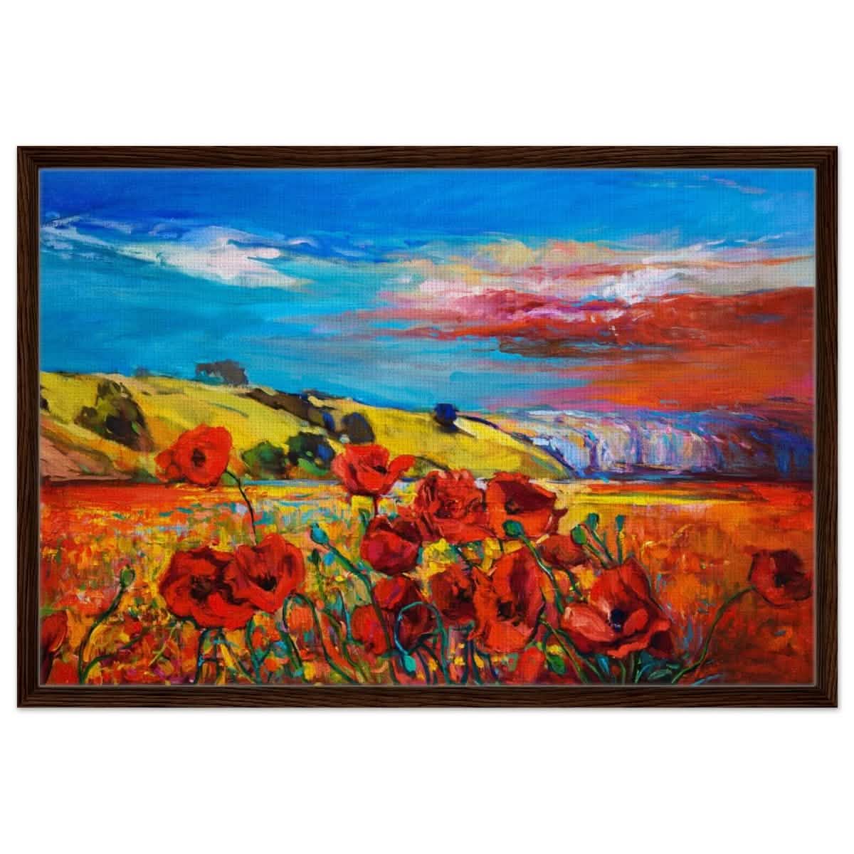 Poppy Fields of Passion: A Vibrant Landscape | Impressionism Wall art print - Framed Canvas - 60x90 cm / 24x36″ - Dark wood frame