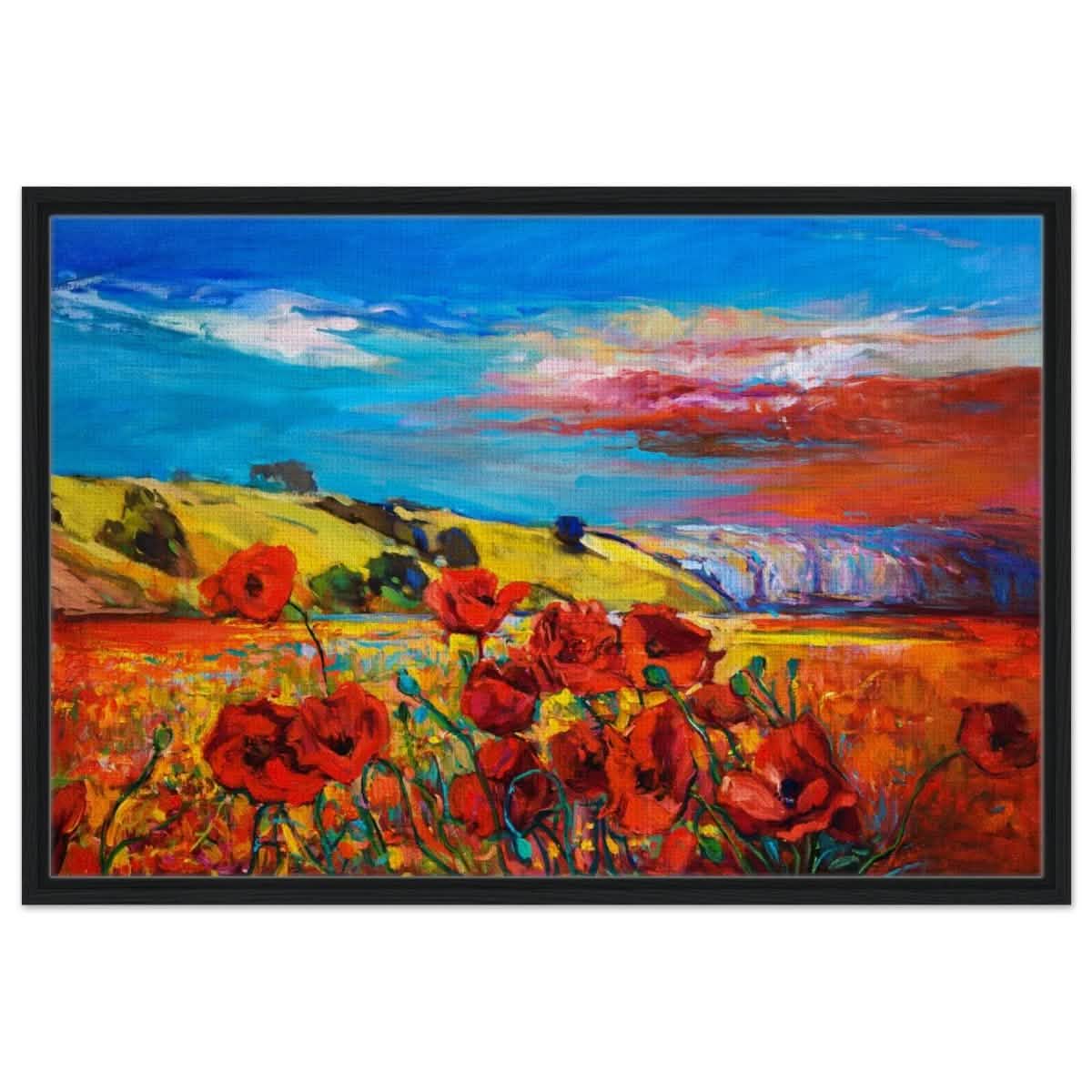 Poppy Fields of Passion: A Vibrant Landscape | Impressionism Wall art print - Framed Canvas - 60x90 cm / 24x36″ - Black frame