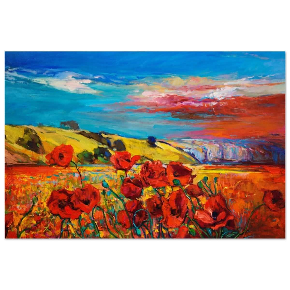 Poppy Fields of Passion: A Vibrant Landscape | Impressionism Wall art print - Wood Prints - 50x75 cm / 20x30″ -