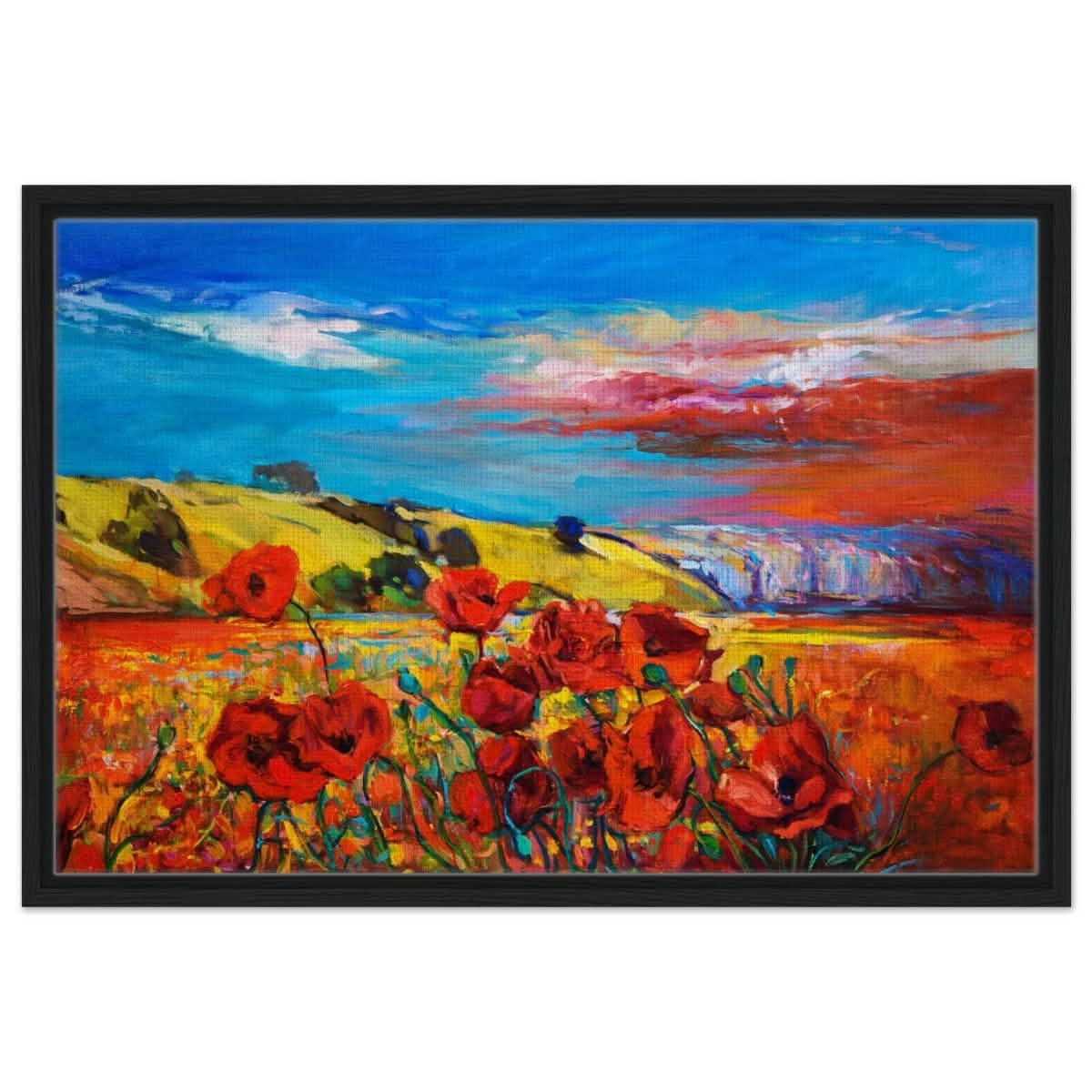 Poppy Fields of Passion: A Vibrant Landscape | Impressionism Wall art print - Framed Canvas - 50x75 cm / 20x30″ - Black frame