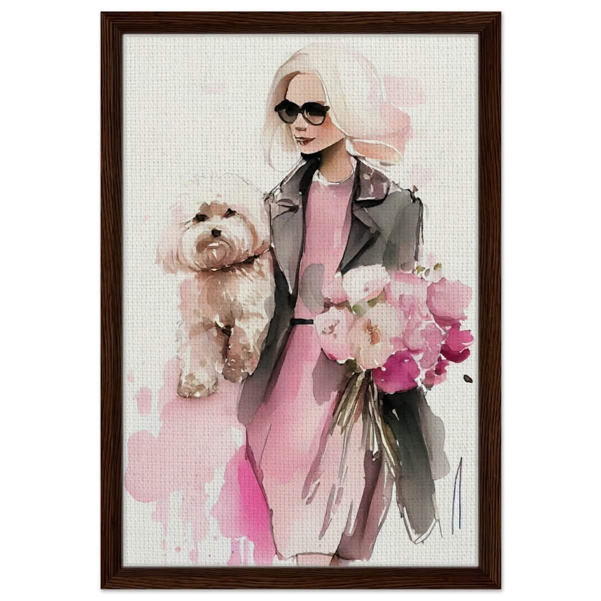 Puppy Love in Style | Contemporary Figurative Art | wall Art Print - Framed Canvas - 40x60 cm / 16x24″ - Dark wood frame