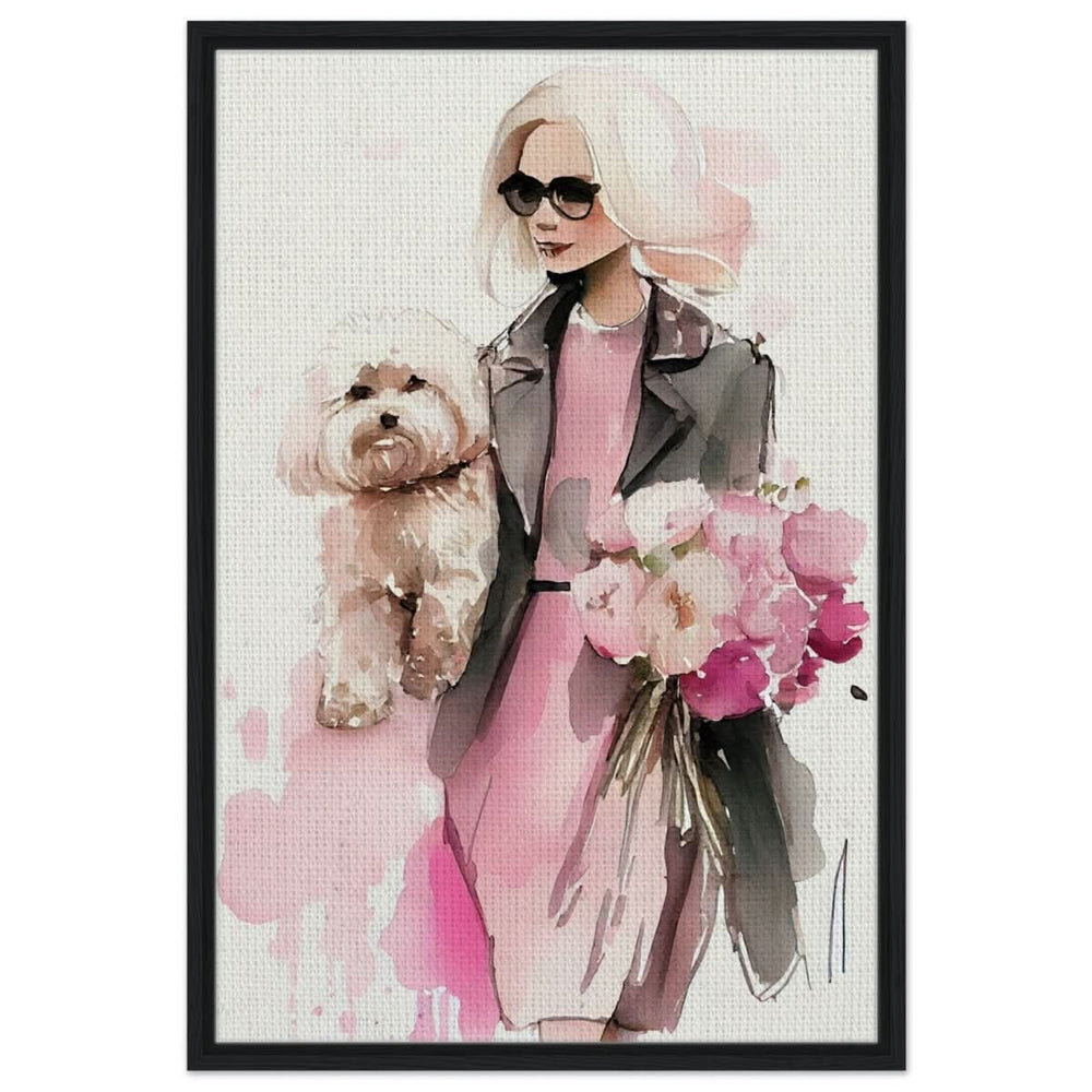 Puppy Love in Style | Contemporary Figurative Art | wall Art Print - Framed Canvas - 60x90 cm / 24x36″ - Black frame