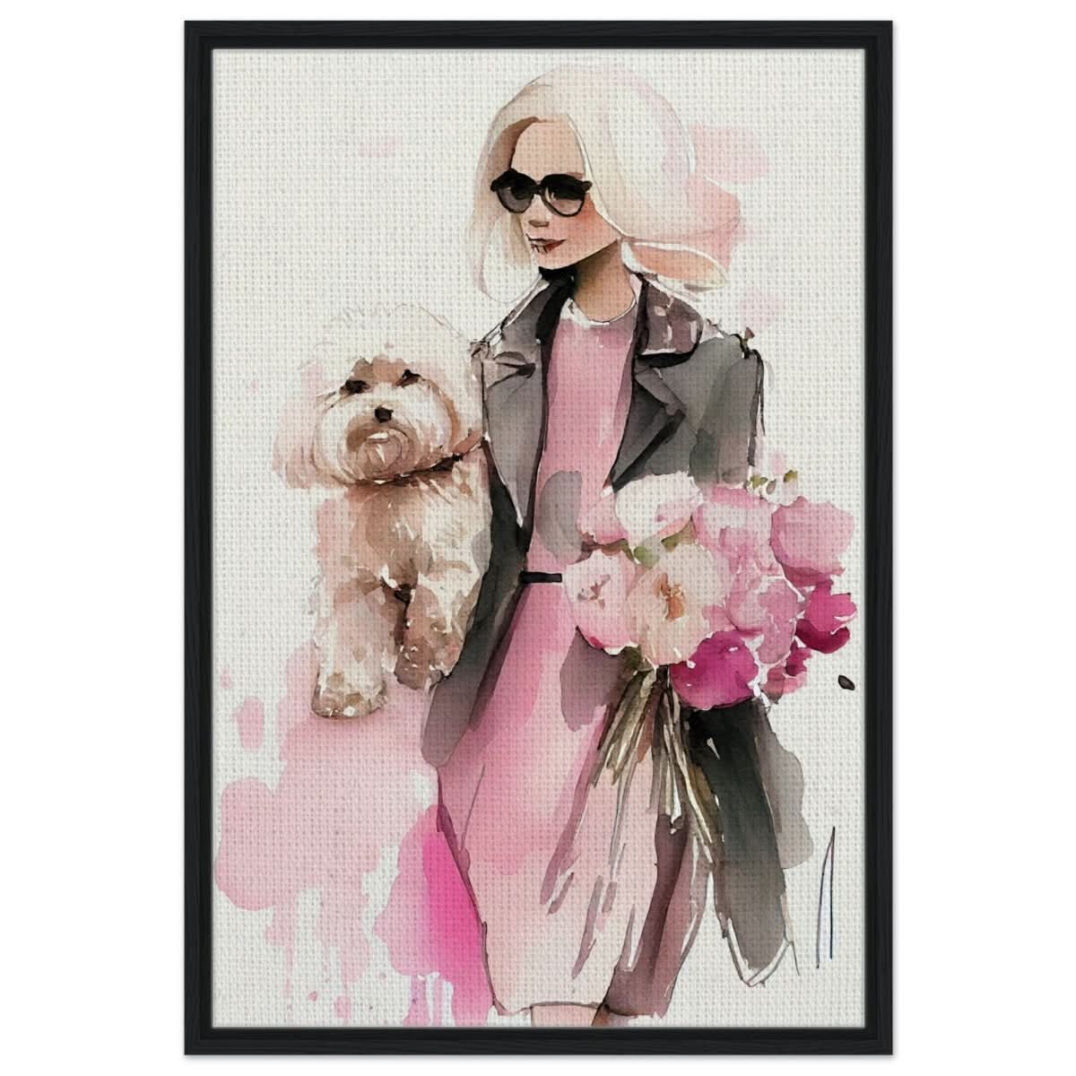 Puppy Love in Style | Contemporary Figurative Art | wall Art Print - Framed Canvas - 60x90 cm / 24x36″ - Black frame