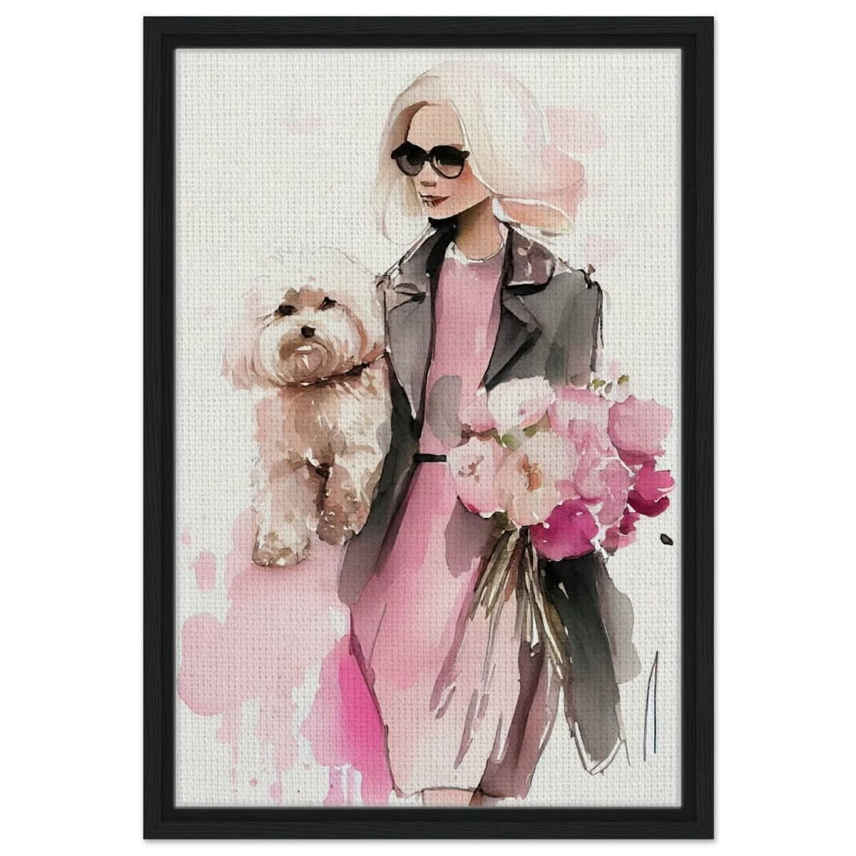 Puppy Love in Style | Contemporary Figurative Art | wall Art Print - Framed Canvas - 40x60 cm / 16x24″ - Black frame