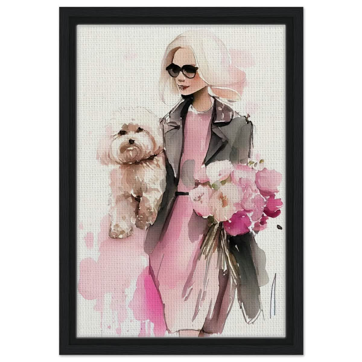 Puppy Love in Style | Contemporary Figurative Art | wall Art Print - Framed Canvas - 30x45 cm / 12x18″ - Black frame