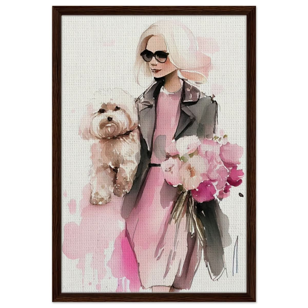 Puppy Love in Style | Contemporary Figurative Art | wall Art Print - Framed Canvas - 50x75 cm / 20x30″ - Dark wood frame