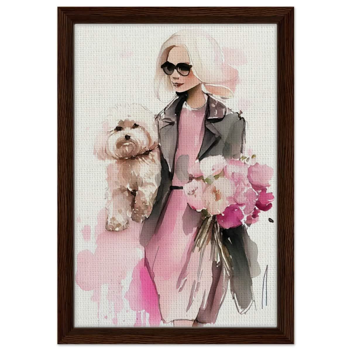 Puppy Love in Style | Contemporary Figurative Art | wall Art Print - Framed Canvas - 30x45 cm / 12x18″ - Dark wood frame