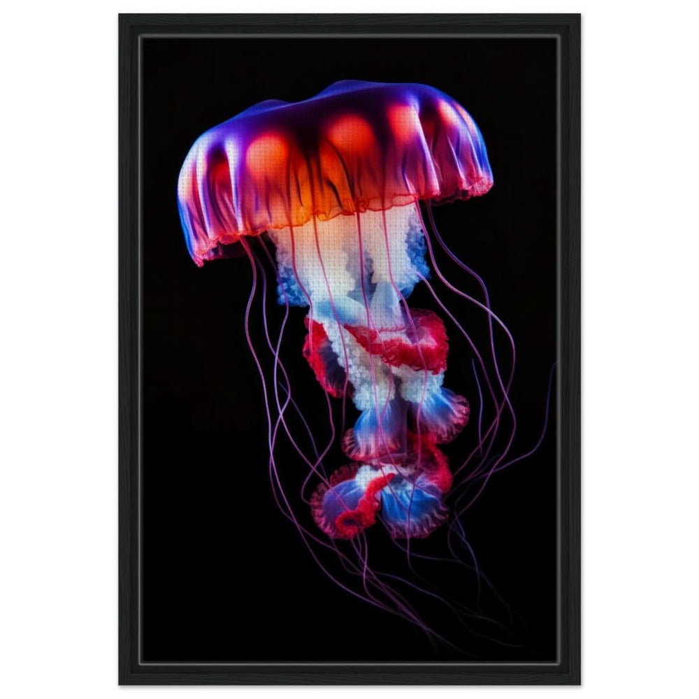 Radiant Abyss: The Neon Jellyfish | Animal art print - Framed Canvas - 50x75 cm / 20x30″ - Black frame