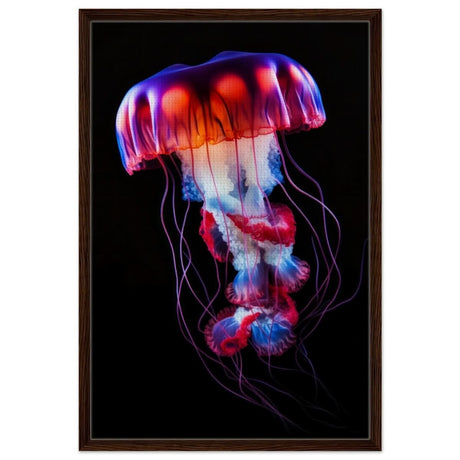 Radiant Abyss: The Neon Jellyfish | Animal art print - Framed Canvas - 60x90 cm / 24x36″ - Dark wood frame
