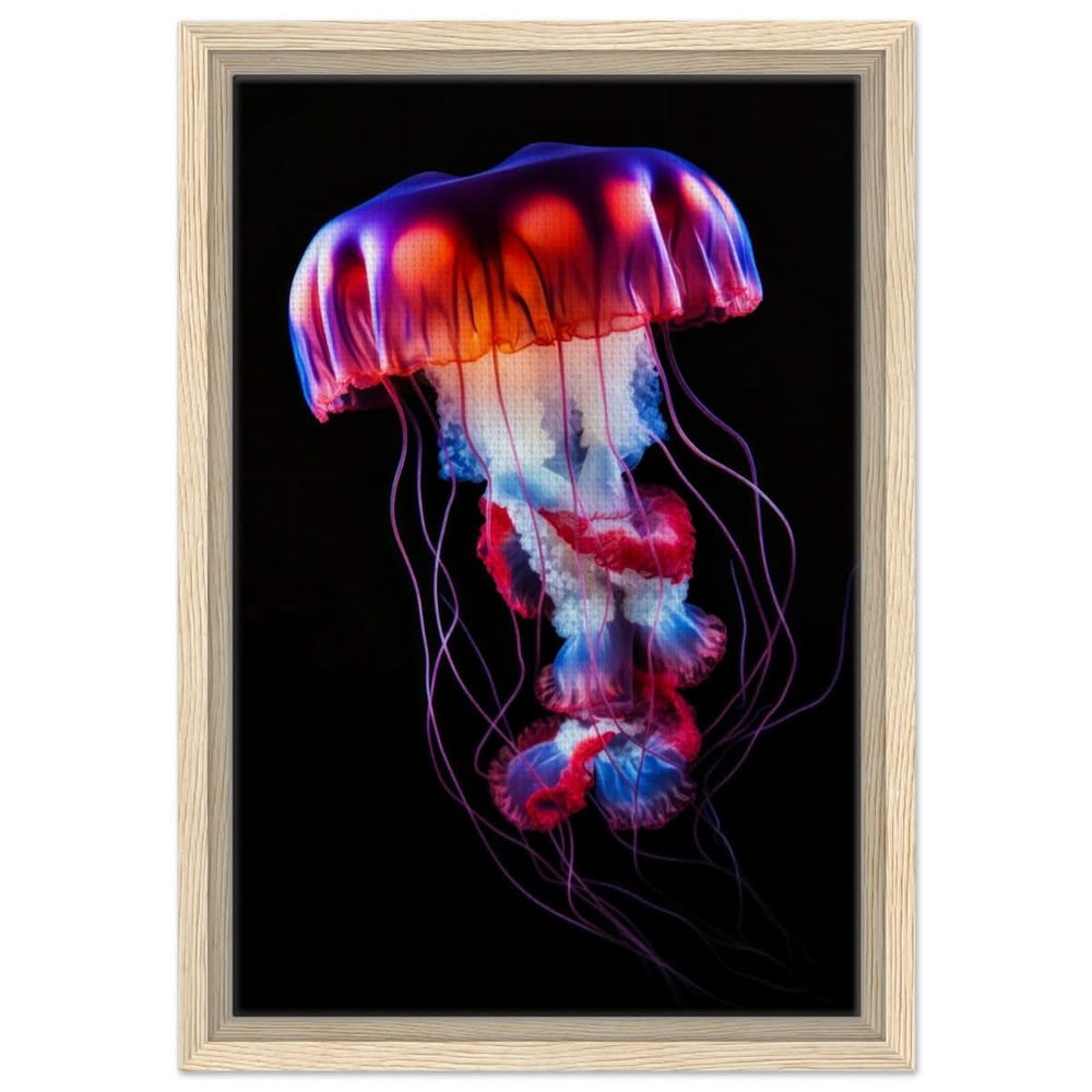 Radiant Abyss: The Neon Jellyfish | Animal art print - Framed Canvas - 30x45 cm / 12x18″ - Wood frame