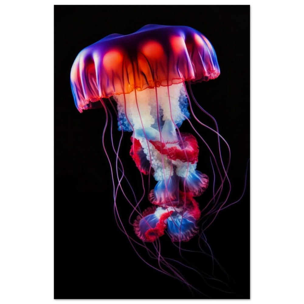 Radiant Abyss: The Neon Jellyfish | Animal art print - Wood Prints - 30x45 cm / 12x18″ -