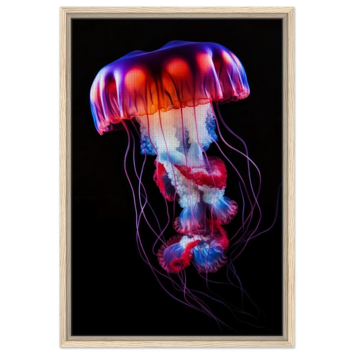 Radiant Abyss: The Neon Jellyfish | Animal art print - Framed Canvas - 50x75 cm / 20x30″ - Wood frame