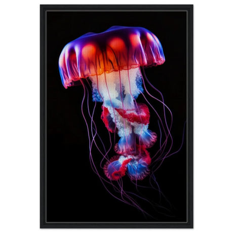 Radiant Abyss: The Neon Jellyfish | Animal art print - Framed Canvas - 60x90 cm / 24x36″ - Black frame