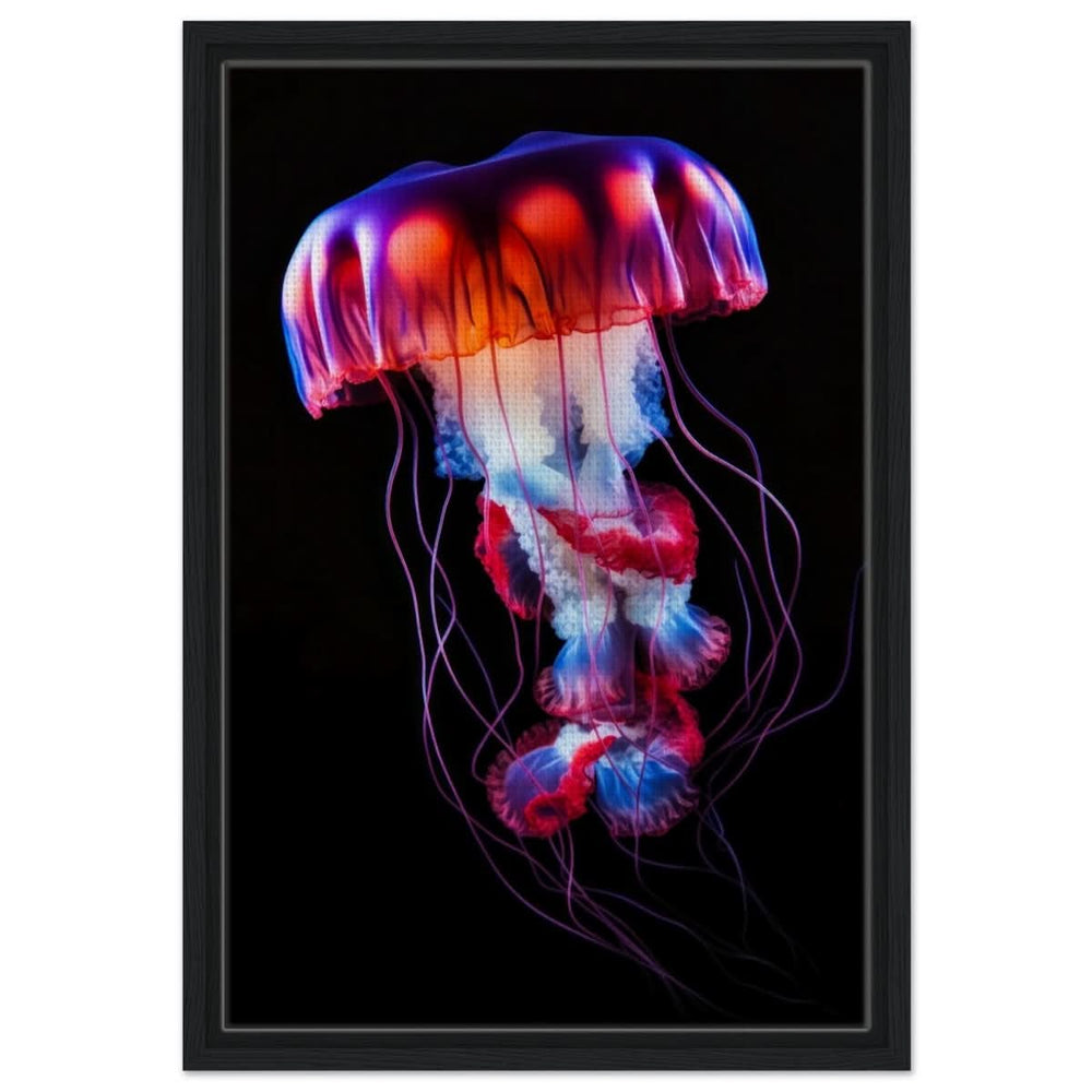 Radiant Abyss: The Neon Jellyfish | Animal art print - Framed Canvas - 40x60 cm / 16x24″ - Black frame