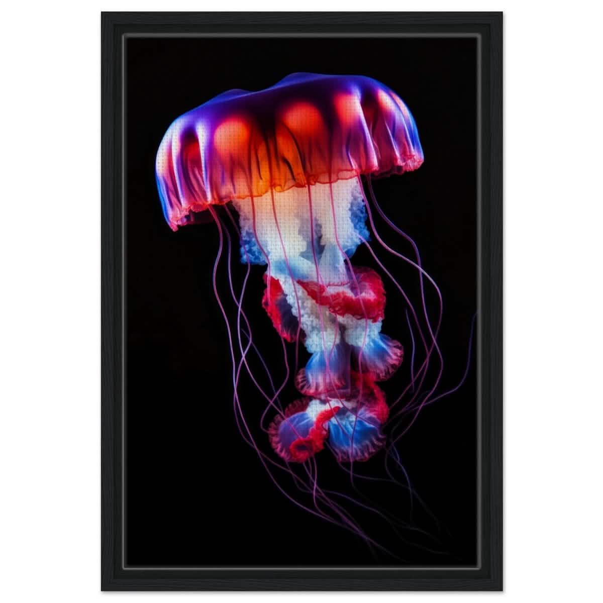 Radiant Abyss: The Neon Jellyfish | Animal art print - Framed Canvas - 40x60 cm / 16x24″ - Black frame