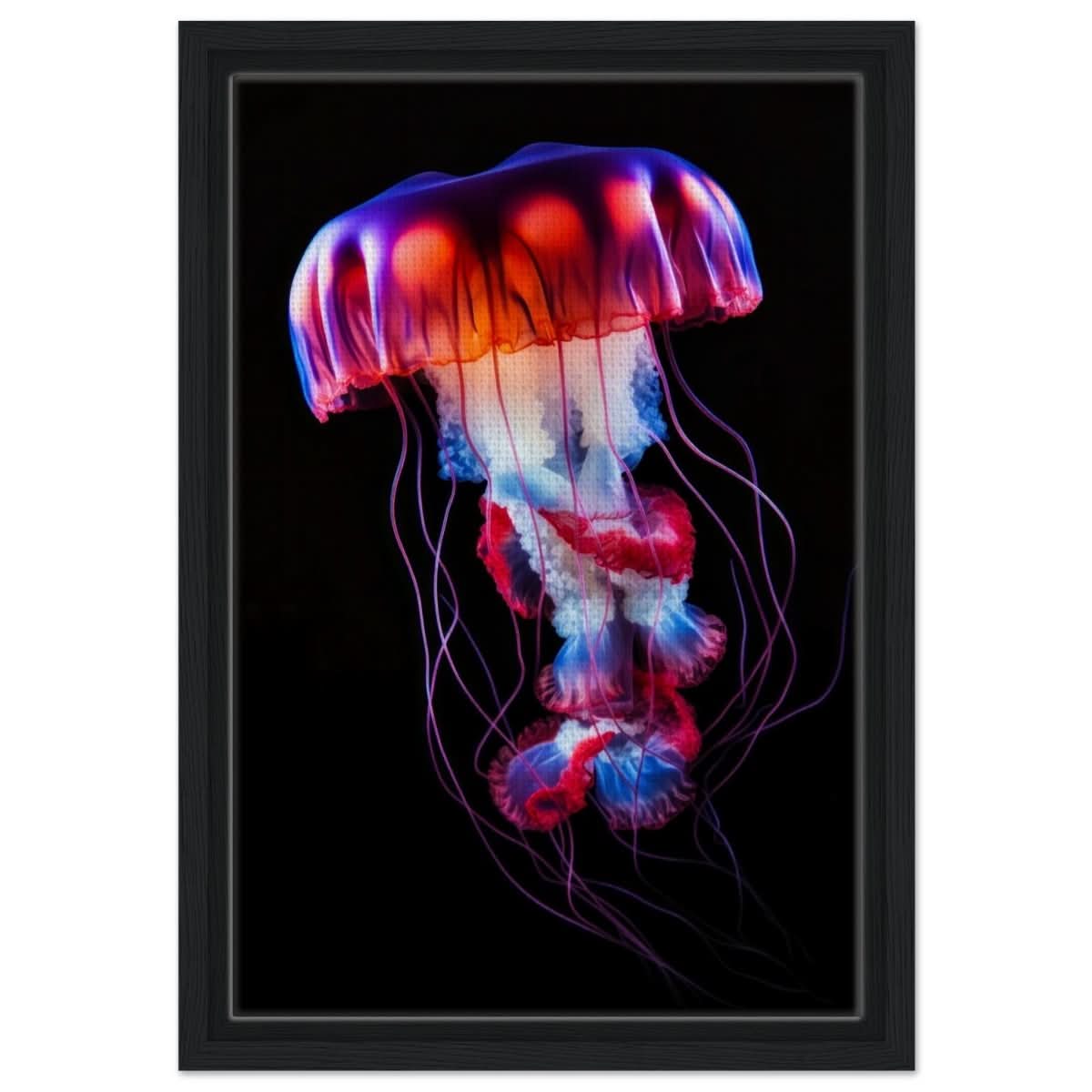 Radiant Abyss: The Neon Jellyfish | Animal art print - Framed Canvas - 30x45 cm / 12x18″ - Black frame