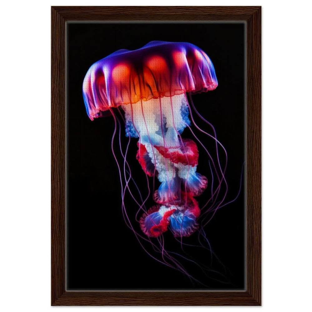 Radiant Abyss: The Neon Jellyfish | Animal art print - Framed Canvas - 30x45 cm / 12x18″ - Dark wood frame