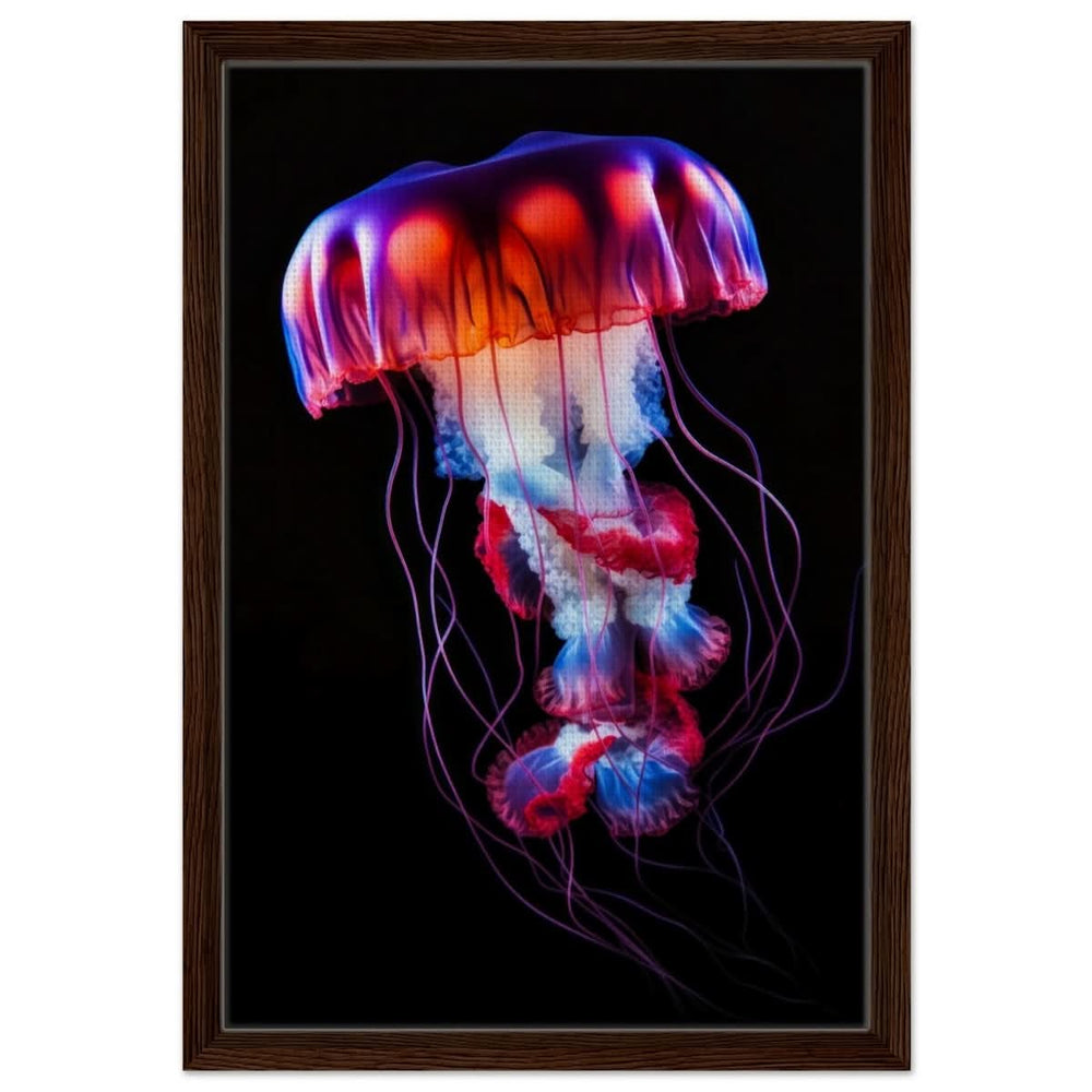 Radiant Abyss: The Neon Jellyfish | Animal art print - Framed Canvas - 40x60 cm / 16x24″ - Dark wood frame