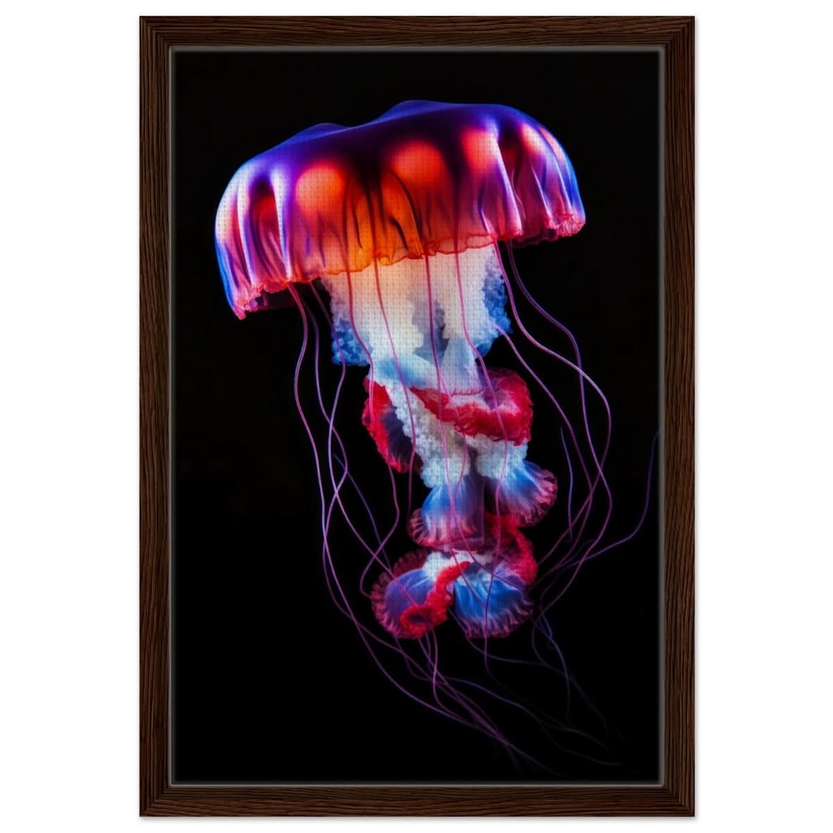 Radiant Abyss: The Neon Jellyfish | Animal art print - Framed Canvas - 40x60 cm / 16x24″ - Dark wood frame