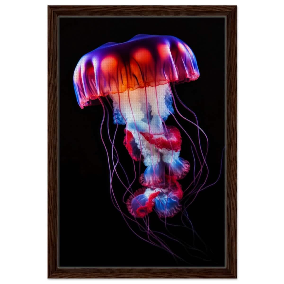 Radiant Abyss: The Neon Jellyfish | Animal art print - Framed Canvas - 40x60 cm / 16x24″ - Dark wood frame