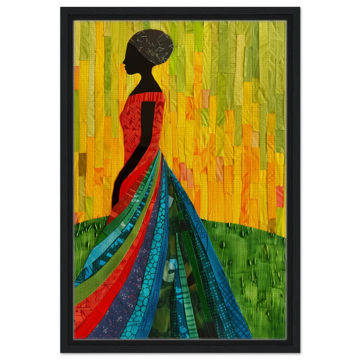 Radiant Silhouette – Afrocentric Collage Wall Art Print - Framed Canvas - 40x60 cm / 16x24″ - Black frame