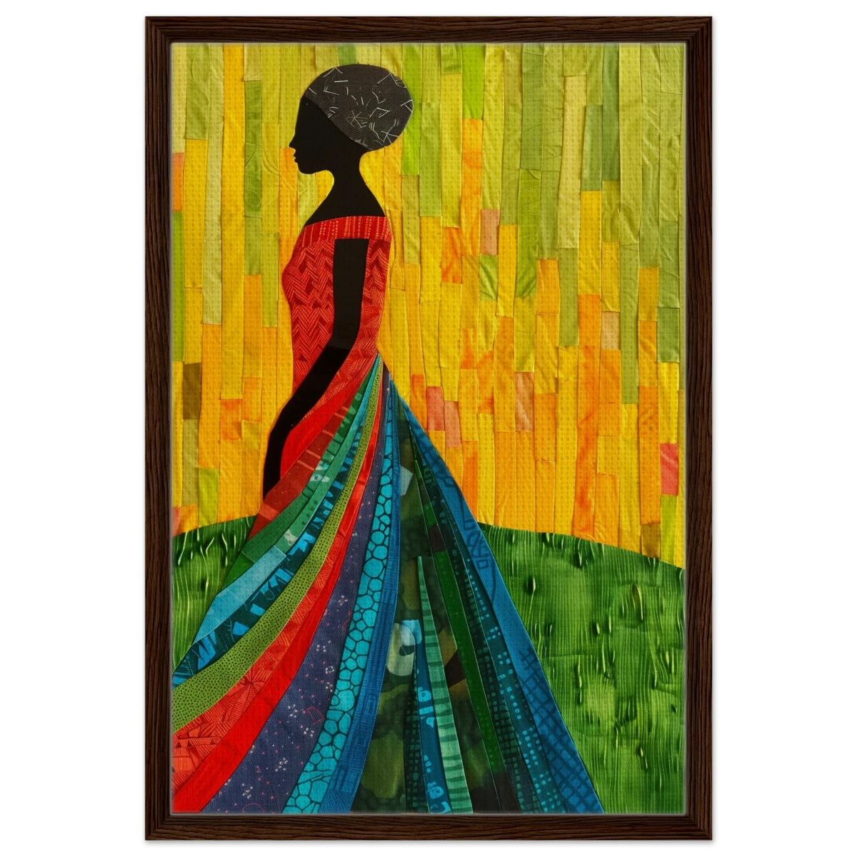Radiant Silhouette – Afrocentric Collage Wall Art Print - Framed Canvas - 50x75 cm / 20x30″ - Dark wood frame
