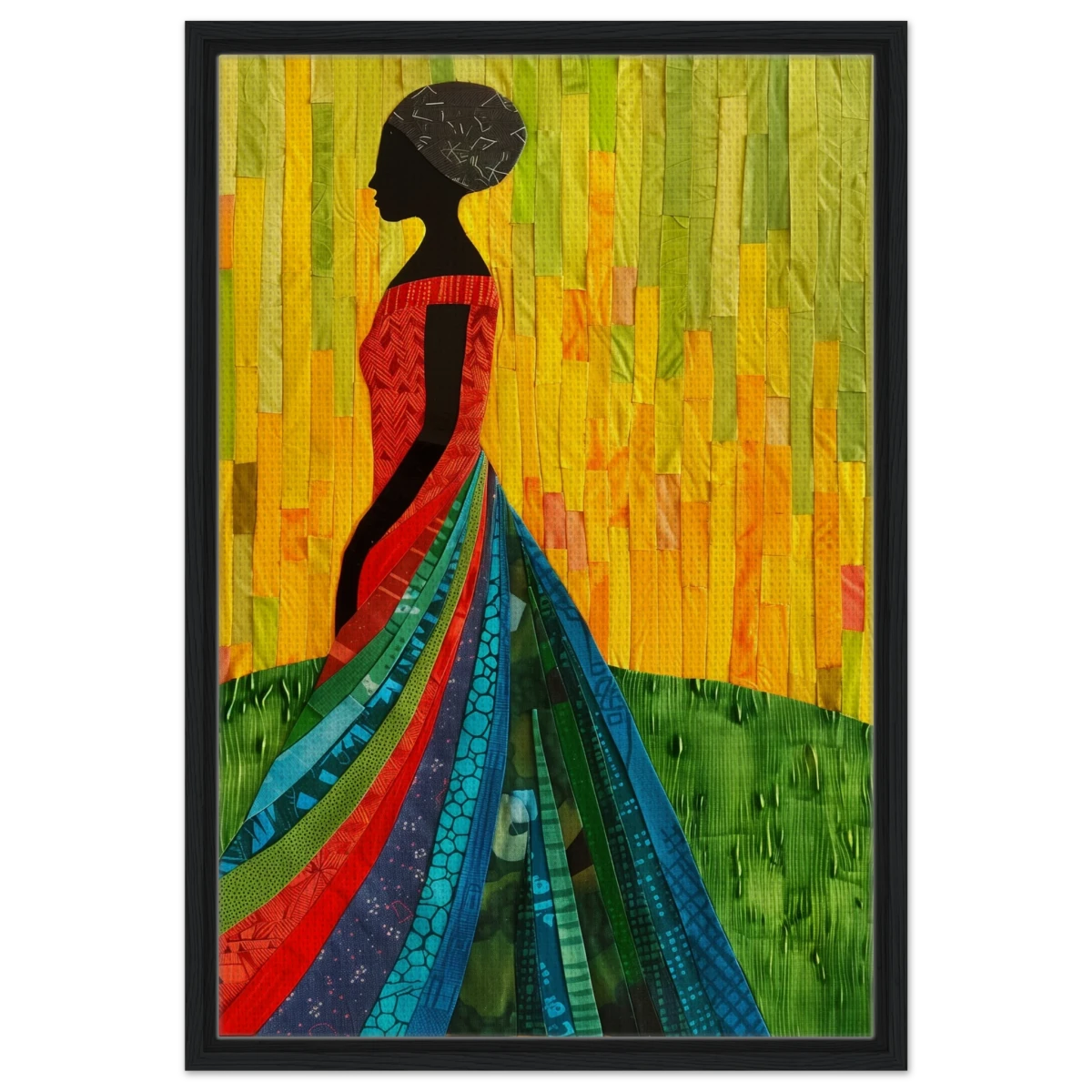 Radiant Silhouette – Afrocentric Collage Wall Art Print - Framed Canvas - 50x75 cm / 20x30″ - Black frame