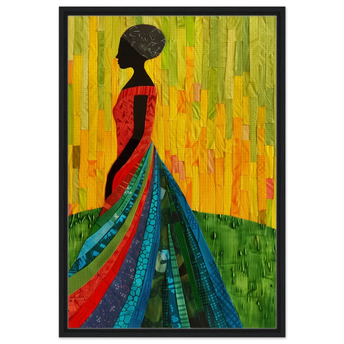Radiant Silhouette – Afrocentric Collage Wall Art Print - Framed Canvas - 60x90 cm / 24x36″ - Black frame