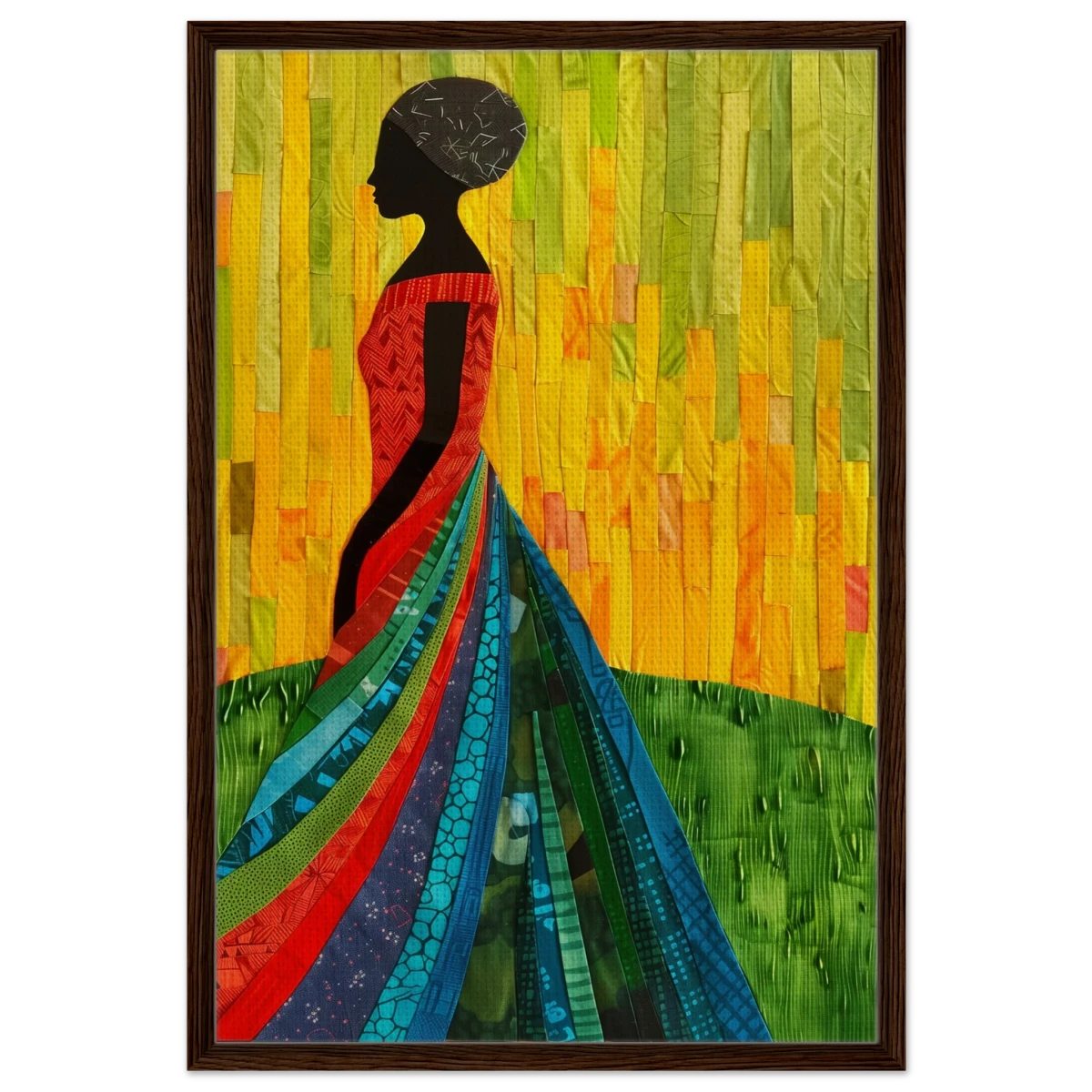Radiant Silhouette – Afrocentric Collage Wall Art Print - Framed Canvas - 60x90 cm / 24x36″ - Dark wood frame