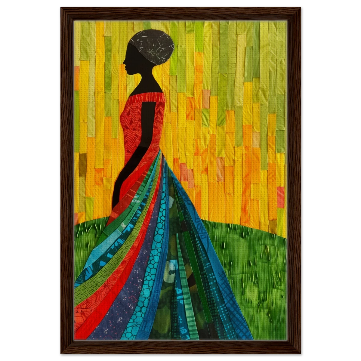 Radiant Silhouette – Afrocentric Collage Wall Art Print - Framed Canvas - 40x60 cm / 16x24″ - Dark wood frame