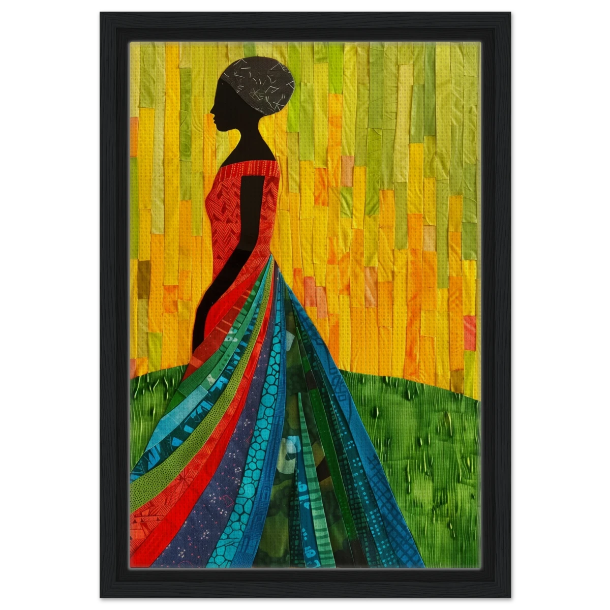 Radiant Silhouette – Afrocentric Collage Wall Art Print - Framed Canvas - 30x45 cm / 12x18″ - Black frame