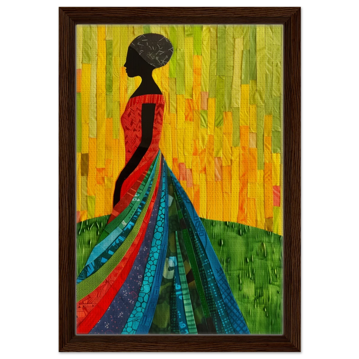 Radiant Silhouette – Afrocentric Collage Wall Art Print - Framed Canvas - 30x45 cm / 12x18″ - Dark wood frame