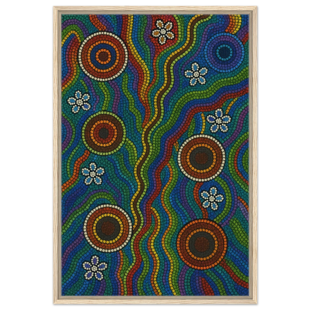 Rainbow Dreaming Aboriginal Wall Art Print - Framed Canvas - 60x90 cm / 24x36″ - Wood frame