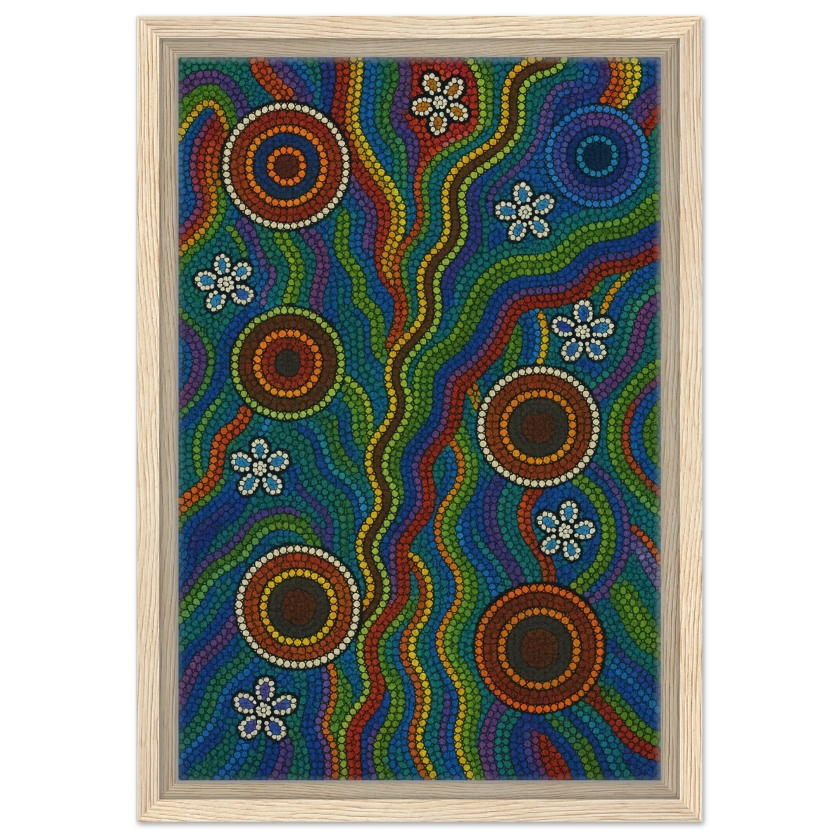 Rainbow Dreaming Aboriginal Wall Art Print - Framed Canvas - 30x45 cm / 12x18″ - Wood frame