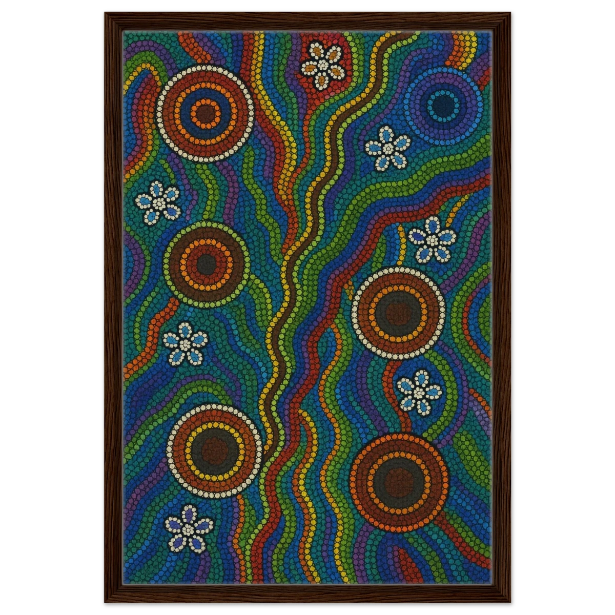 Rainbow Dreaming Aboriginal Wall Art Print - Framed Canvas - 50x75 cm / 20x30″ - Dark wood frame