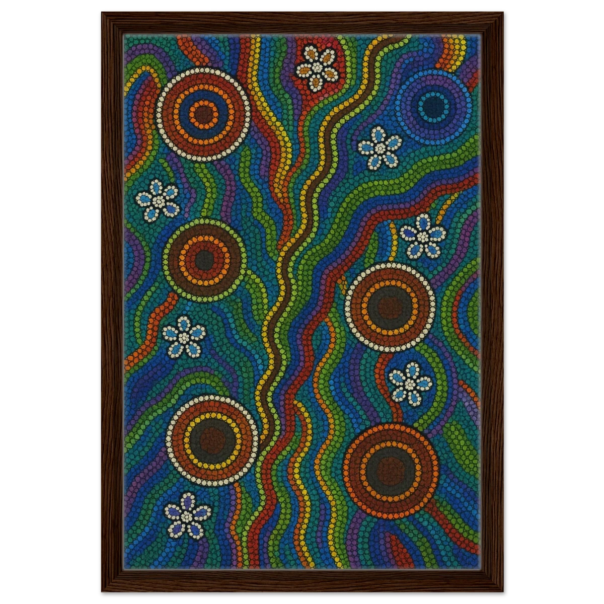 Rainbow Dreaming Aboriginal Wall Art Print - Framed Canvas - 40x60 cm / 16x24″ - Dark wood frame