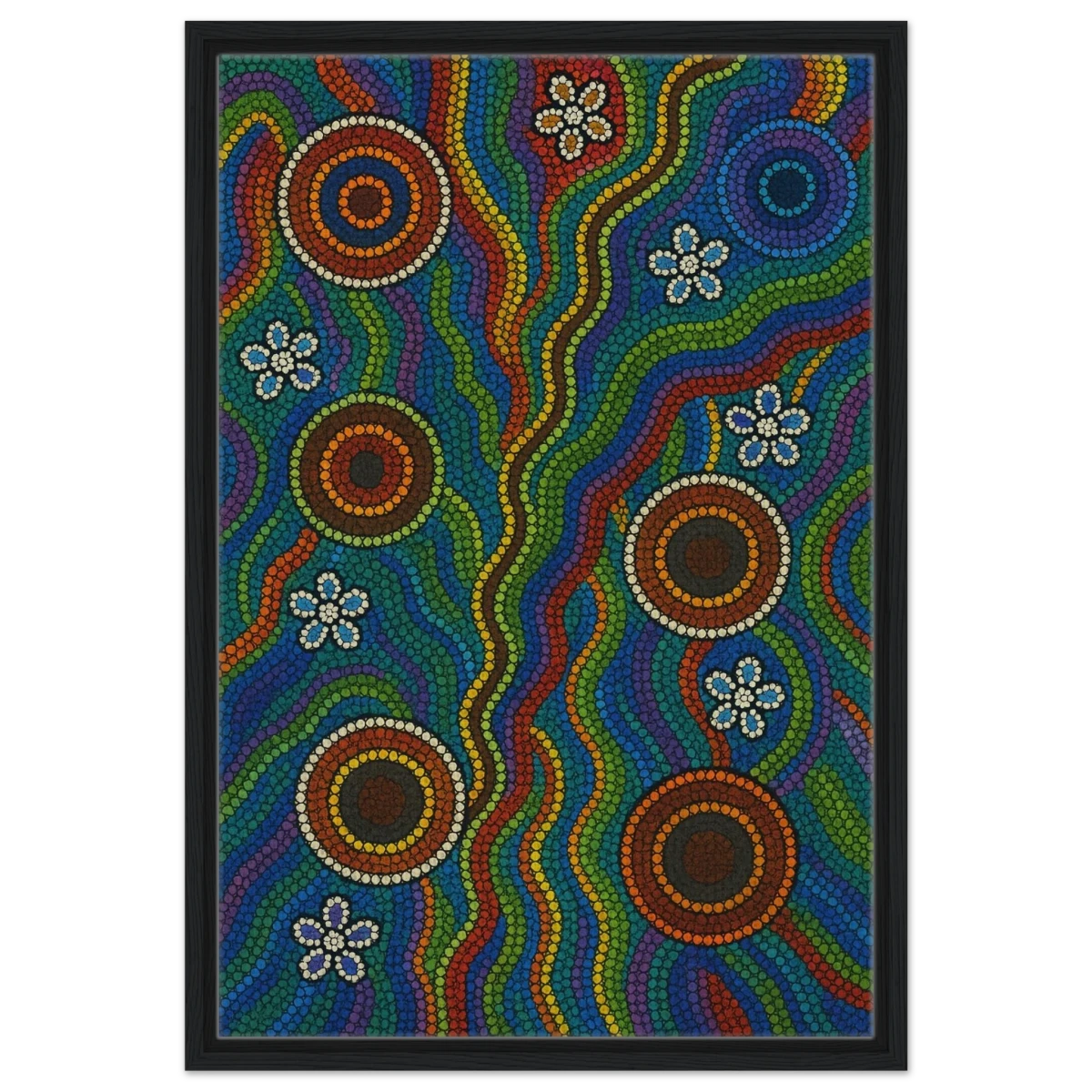Rainbow Dreaming Aboriginal Wall Art Print - Framed Canvas - 50x75 cm / 20x30″ - Black frame